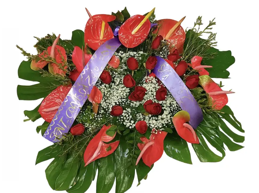 Ciotola Funebre con Rose Rosse, Anthurium e Nebbiolina