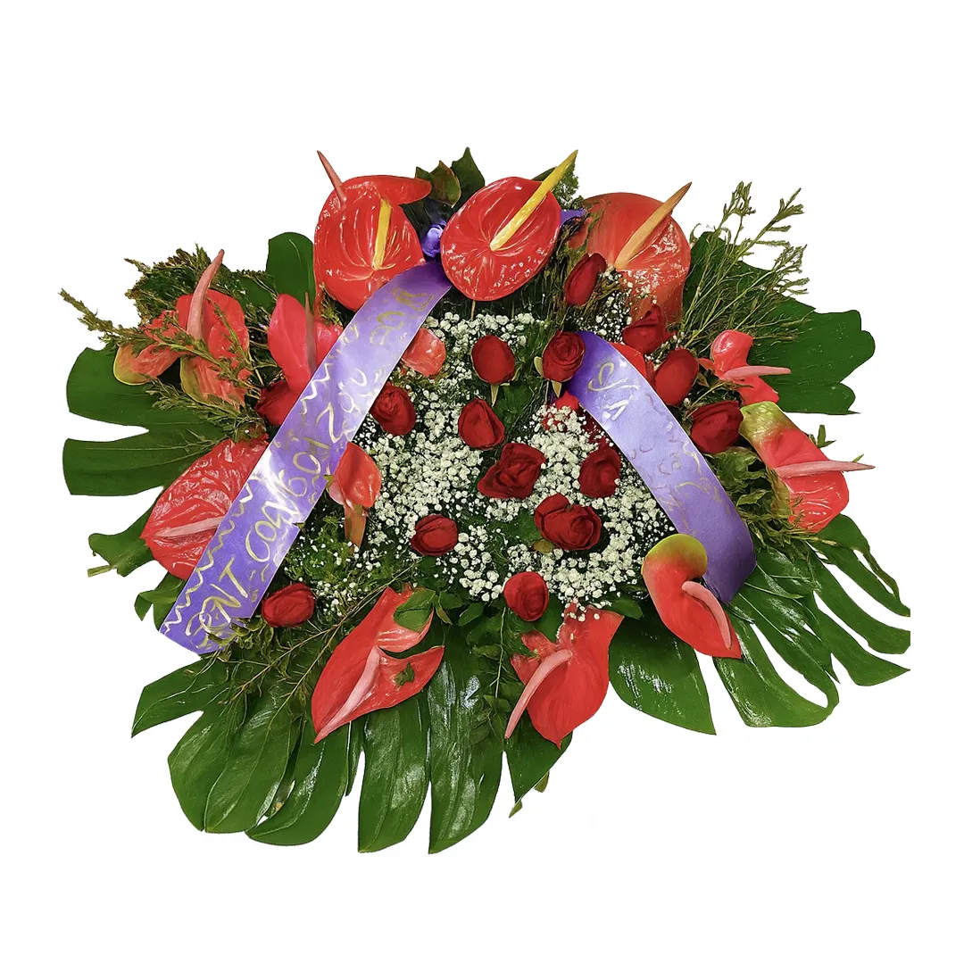 Ciotola Funebre con Rose Rosse, Anthurium e Nebbiolina