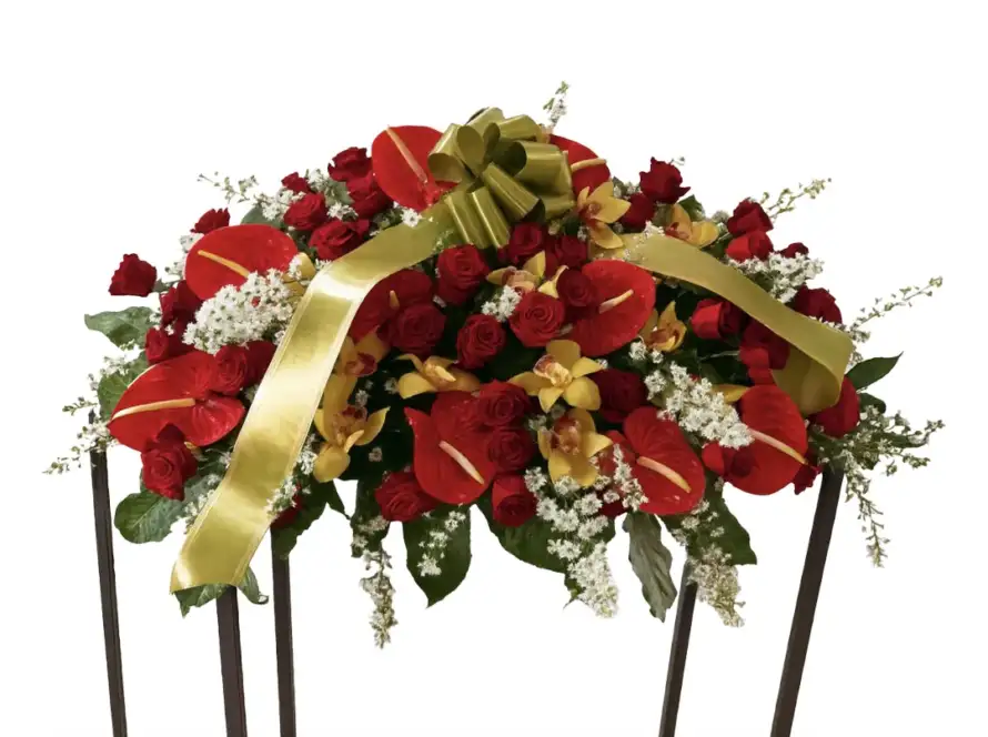 Composizione Funebre Con Orchidee, Rose Rosse E Anthurium