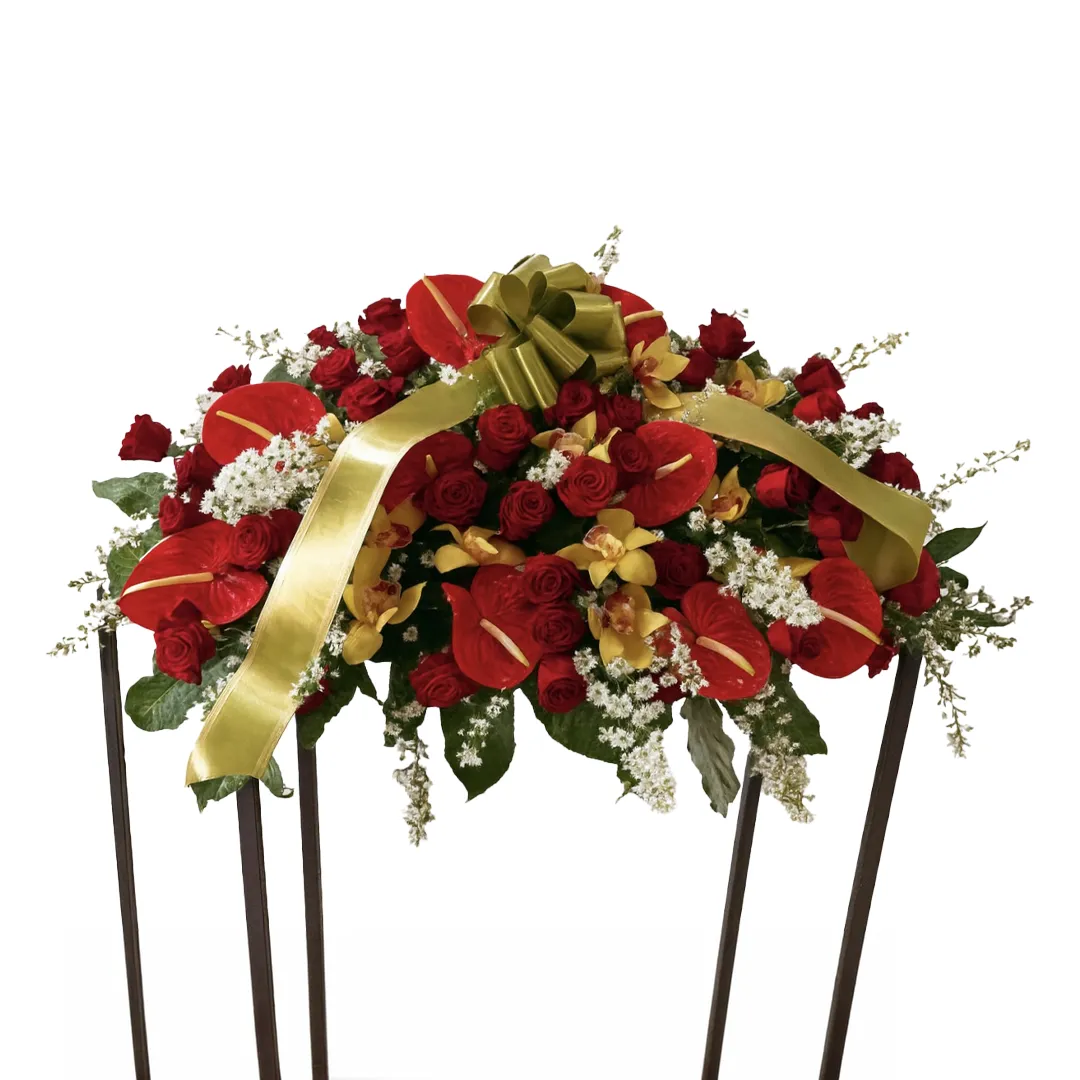 Composizione Funebre Con Orchidee, Rose Rosse E Anthurium